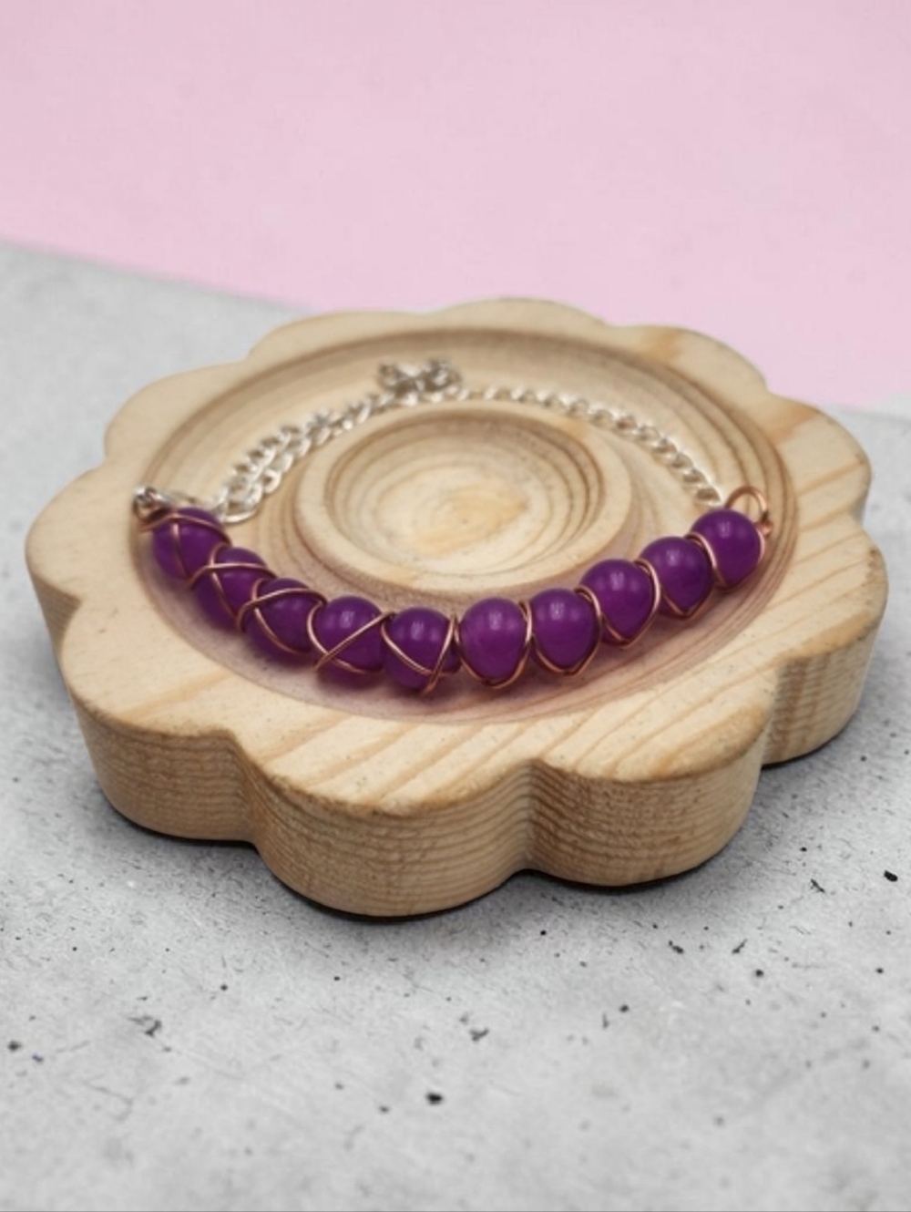Handmade Wire-Wrapped Purple Beaded Bracelet – Adjustable Chain Jewelry